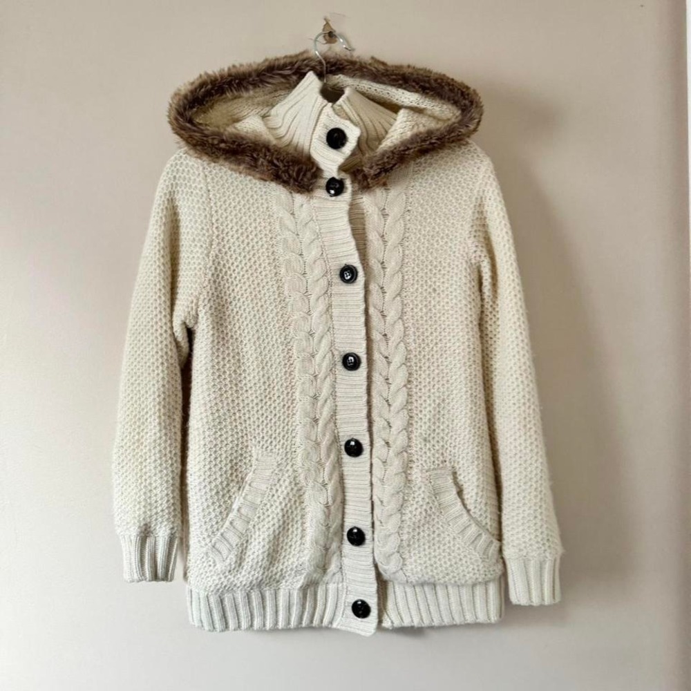 Cable knit faux fur‎ hood cardigan Medium Y2K Cream Brown